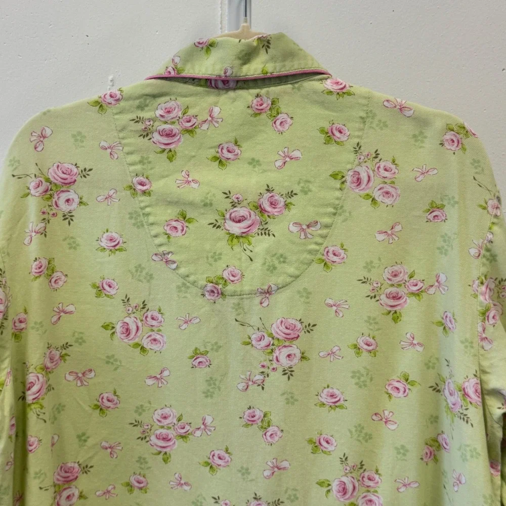 Y2K Victoria's Secret Pajama Top Large Green Pink‎ Rose Floral Cotton Button Up